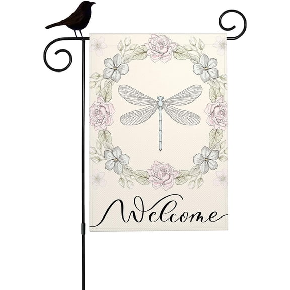 Retro Dragonfly Burlap Garden Flag 12.5 x 18 Double Sided Floral Frame Small Yard Flag Seasonal Farmhouse Outdoor Decoration