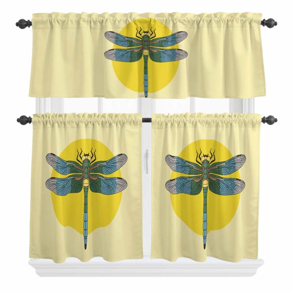 Retro Dragonfly Curtain Valances Set Inset Yellow Circles Modern Abstract Simple Kitchen Curtains 24 inch Length Rod Pocket Valance and Tiers 3 Piece Set Small Bedroom Bathroom Laundry Decor