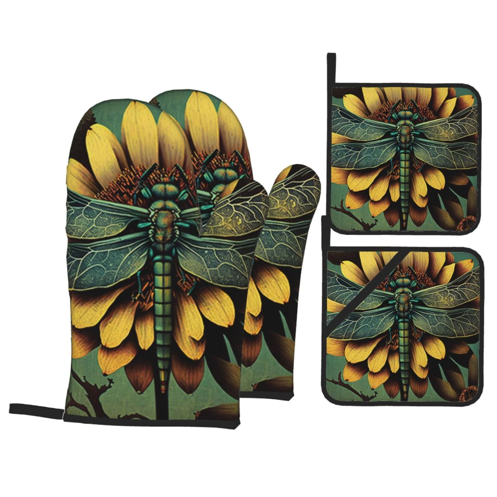 Retro Dragonfly Flower Art 4Pcs Oven Mitts and Pot Holders Sets Oven Kitchen Gloves Hot Pads for Cooking BBQ Baking Grilling