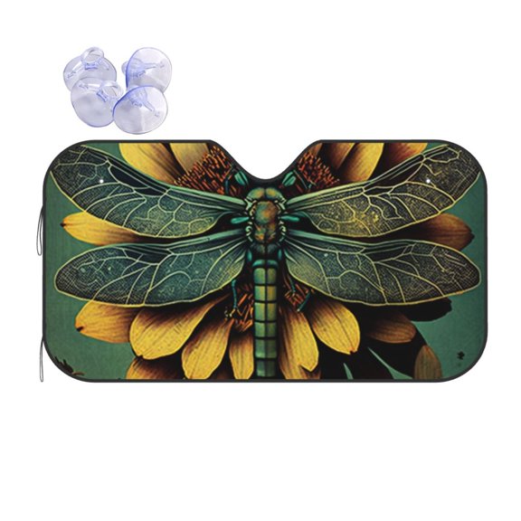 Retro Dragonfly Flower Art Reflective Car Windshield Sunshade, UV Ray Reflector Sun Visor Universal Fit for SUVs, Trucks, Sedans,M