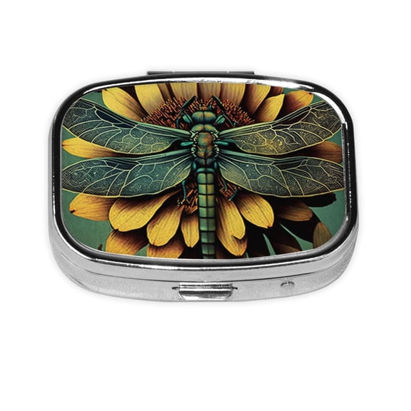 Retro Dragonfly Flower Art Square Pill Box 2 Compartment Pill Case Medicine Organizer Decorative Gift for Purse Pocket