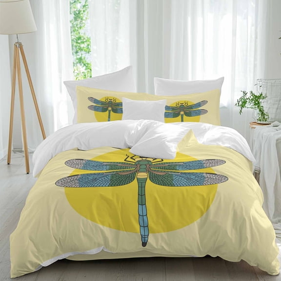 Retro Dragonfly Full Size Comforter Set, Inset Yellow Circles Modern Abstract Simple Bedding for All Seasons, 4 Pcs Bed Set, 1Quiltcover (86"x86") ,1Sheet(80"x116"), 2Pillowcases (30"x20")