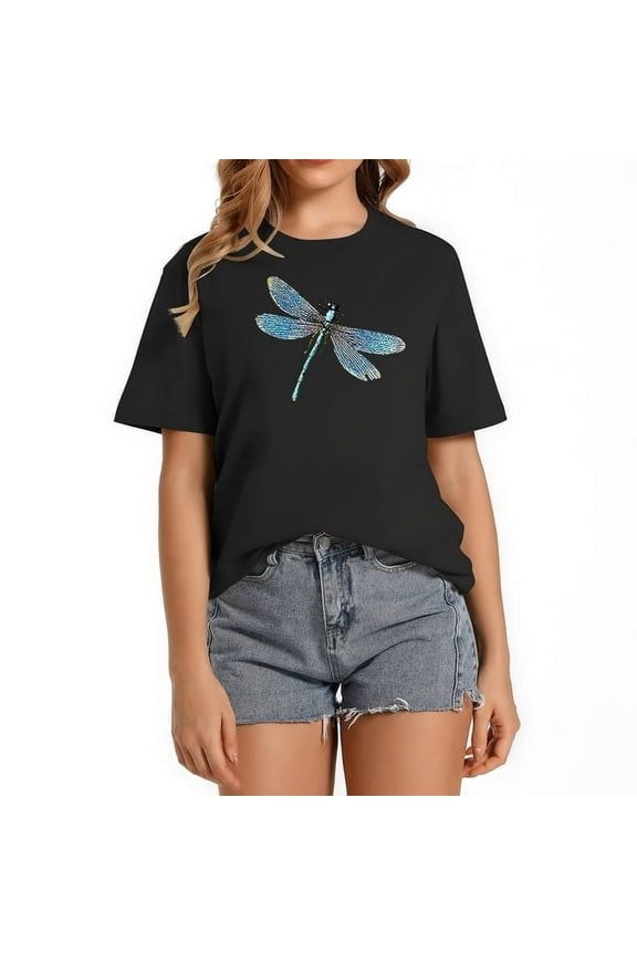 Retro Dragonfly Graphic T-Shirt for Women Casual Black Short Sleeve Nature Inspired Artistic Summer Top