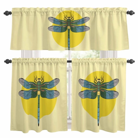 Retro Dragonfly Kitchen Curtains and Valances Set, Inset Yellow Circles Modern Abstract Simple Rod Pocket Window Valance Window Curtain Panels for Living Room Bedroom Laundry, 27.5x24in, 3 Pieces