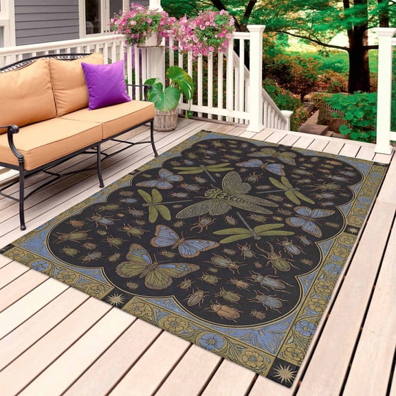 Retro Dragonfly Outdoor Rug for Patio/Deck/Porch, Non-Slip Large Area Rug 4 x 6 Ft, Country Butterflies Insects Geometric Flowers Indoor Outdoor Rugs Washable Area Rugs, Camping Rug Carpet Runner
