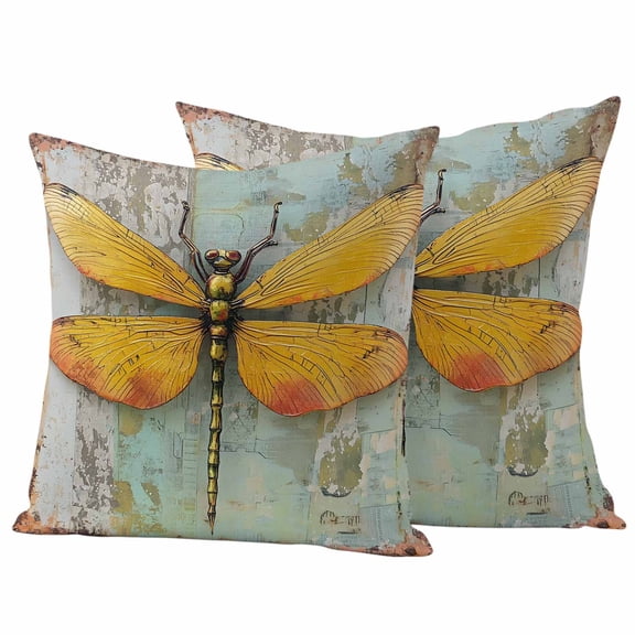 Retro Dragonfly Outdoor Waterproof Pillow Covers, Vintage Abstract Oil Painting Decorative Square Throw Pillowcase Sofa Cushion Sham for Patio/Couch/Chair, 24"x24" 2 Pack
