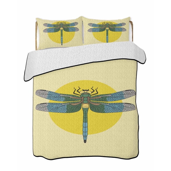 Retro Dragonfly Quilts Bedding Set Full Size Inset Yellow Circles Modern Abstract Simple Lightweight Quilted Bedspread 3 Piece Bed Quilt with 2 Pillow Shams All Season for Bedroom 68" x 98"