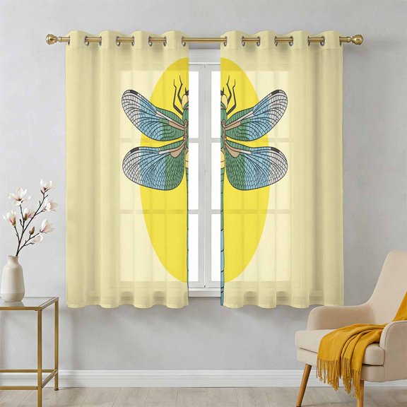 Retro Dragonfly Sheer Curtains 39 Inch Long 2 Panels, Inset Yellow Circles Modern Abstract Simple Light Filtering Semi Sheer Drapes Grommet Voile Window Curtain for Living Bedroom W27.9 x L39