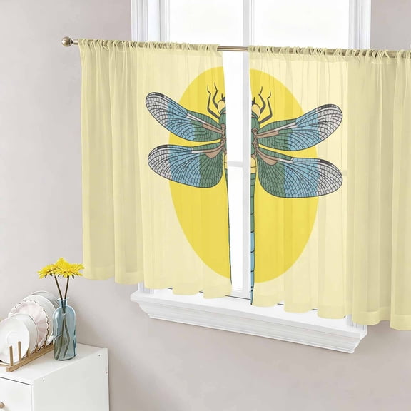 Retro Dragonfly Sheer Curtains for Living Room Bedroom, Inset Yellow Circles Modern Abstract Simple Light Filtering Sheer Curtain Rod Pocket Voile Window Treaments Drapes, 52 x 45 Inches