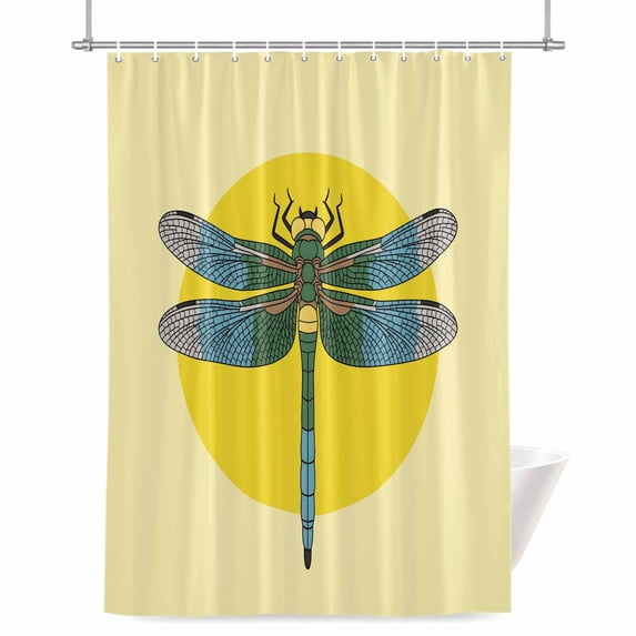 Retro Dragonfly Shower Curtain, 48" x 72", Inset Yellow Circles Modern Abstract Simple Waterproof Bathroom Curtain Washable Shower Curtain Set with 12 Hooks