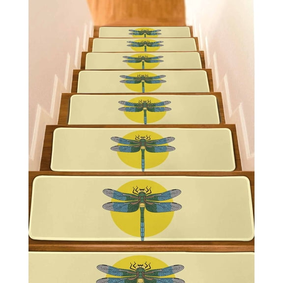 Retro Dragonfly Stair Treads Inset Yellow Circles Modern Abstract Simple Indoor Non Slip Peel and Stick Stair Treads for Wooden Steps 10 PCS, Soft Adhesive Staircase Mats Runner Rugs 8"x30"