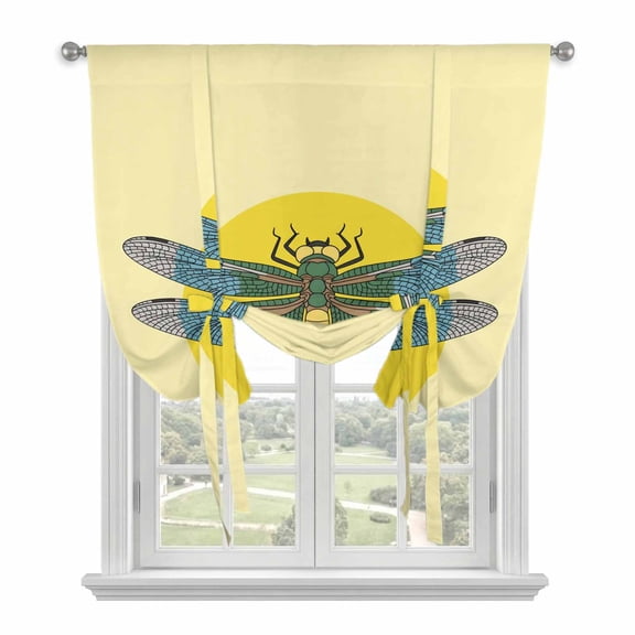 Retro Dragonfly Tie Up Curtain for Window, Inset Yellow Circles Modern Abstract Simple Adjustable Tie Up Balloon Curtain Valances Rod Pocket Window Treatment for Kitchen Bathroom Bedroom 34"x45"