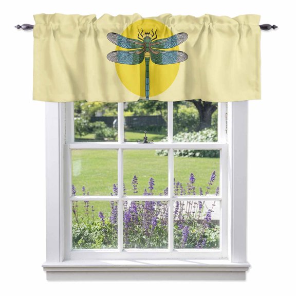 Retro Dragonfly Valance Curtain Inset Yellow Circles Modern Abstract Simple Window Valances Rod Pocket Short Curtains Window Treatments for Kitchen Bedroom Bathroom Laundry 42" x 12"