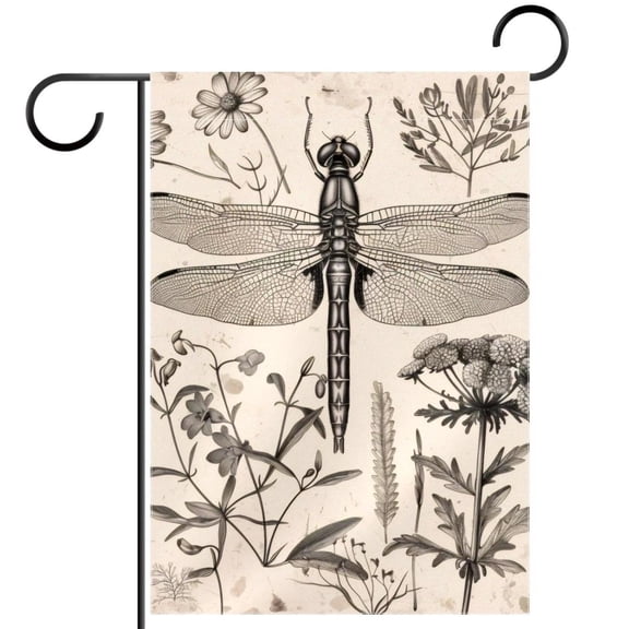 Retro Dragonfly Wildflowers Floral Herbs Garden Flag Double Sided House Flag for Outdoor Home, Personalized All Year Round Yard Decor 12 x 18 Inch