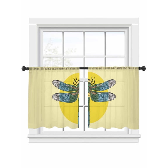 Retro Dragonfly Window Sheer Curtain Inset Yellow Circles Modern Abstract Simple Semi Curtain Sheers Light Filtering Rod Pocket Voile Drapes for Bedroom Kitchen Living Room 52 X 45 Inch, 2 Panels