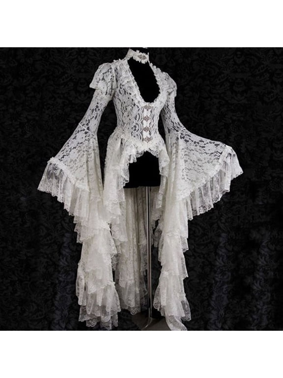 Retro Dresses Women Long Sleeve Gothic Lace Dress Gothic Dress Asymmetrical Tulle Hem Layered Design