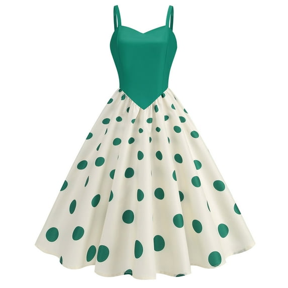 Retro Dresses Womens Evening Party Midi Gown Tea Length Spaghetti Strap Dots Colorblock Vintage Swing Dress (S, Green)