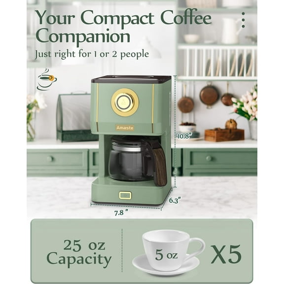 Retro Drip Coffee Maker with 25oz Glass Pot, Matcha Green Reusable Filter & Three Brewing Modes for Home Office
