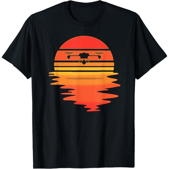 Retro Drone Pilot - Vintage Sunset Aviator Flying Quadcopter T-Shirt men and women can wear, black, white, gifts.