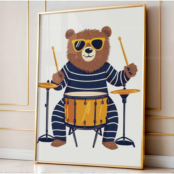 Retro Drum Bear Print Cool Animal Wall Art for Boys Room Playful Nursery Music, Unframed Canvas 8x10in
