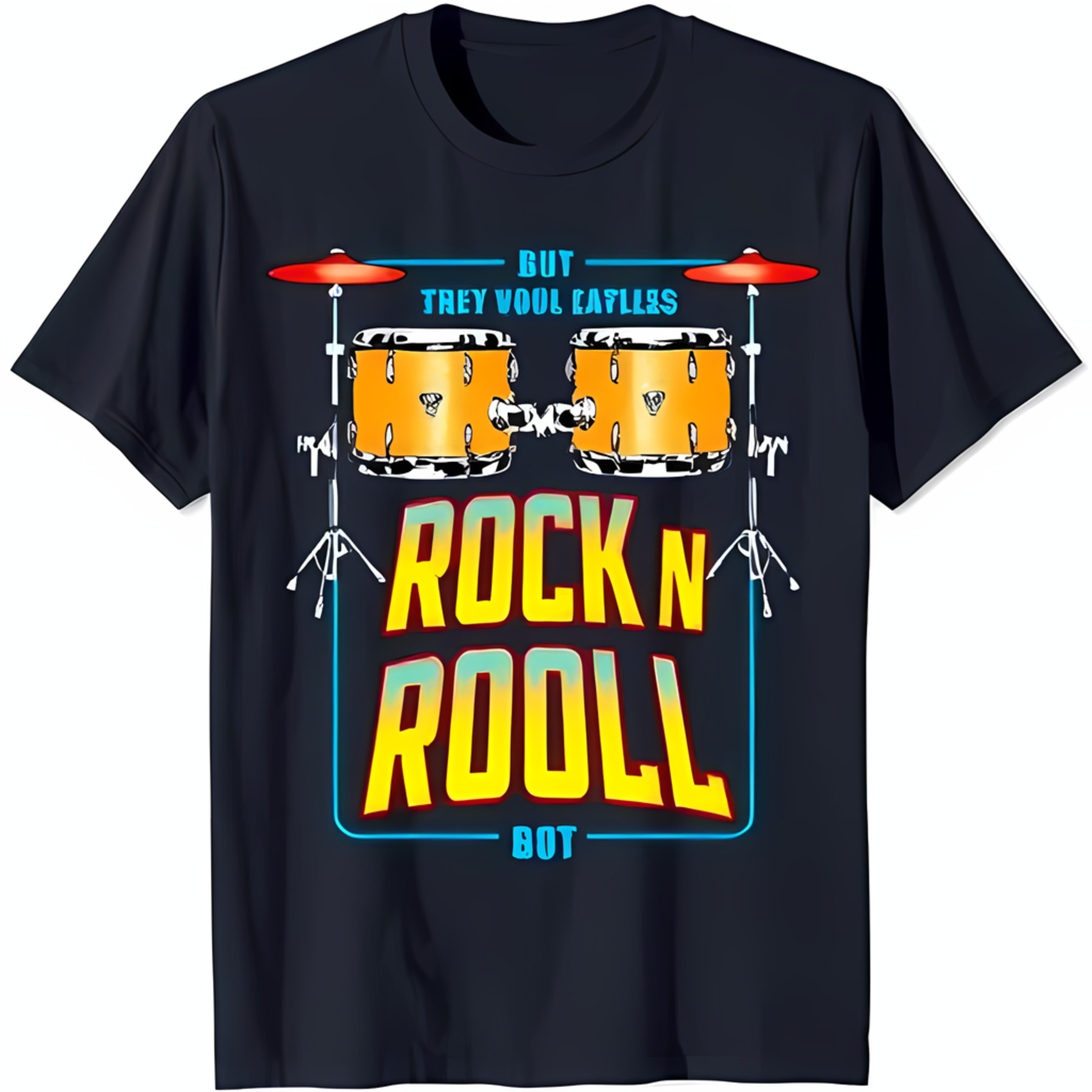 Retro Drum Set Graphic Black TShirt 'Eat Less Rock N Roll Bot' Design