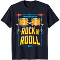 Retro Drum Set Graphic Black TShirt 'Eat Less Rock N Roll Bot' Design