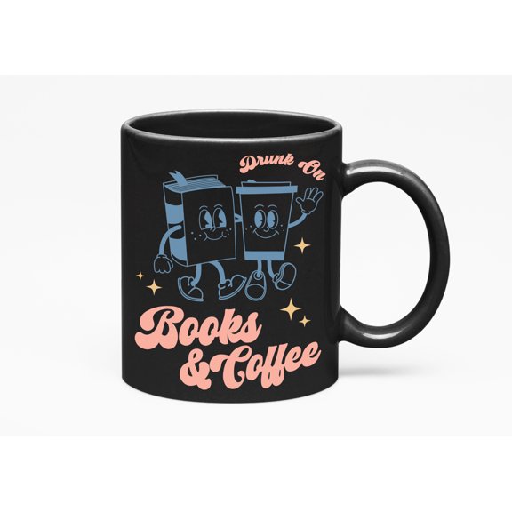 Retro Drunk on Books & Coffee Art, Book Lover Merch Gift, Black 11oz Ceramic Mug