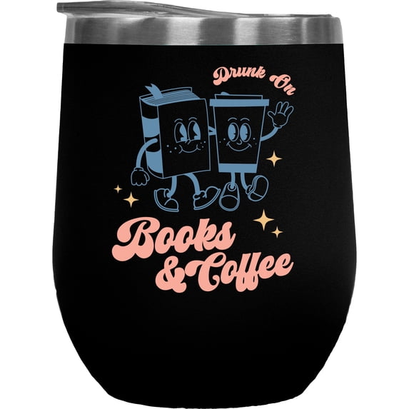 Retro Drunk on Books & Coffee Art, Book Lover Merch Gift, Black 12oz Wine Tumbler
