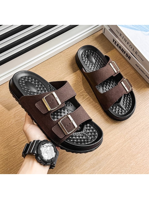 Retro Dual-Band Adjustable Buckle Slides Matte Soft Upper Lightweight Casual Vacation Trainers