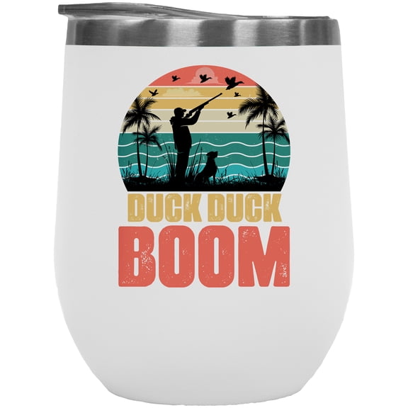 Retro Duck Duck Boom, Hunter or Hunting Enthusiast, White 12oz Wine Tumbler