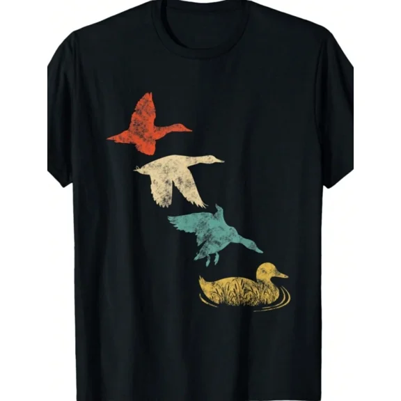 Retro Duck Hunting Graphic T-Shirt Vintage Mallard Flying Silhouette Men's Short Sleeve Tee