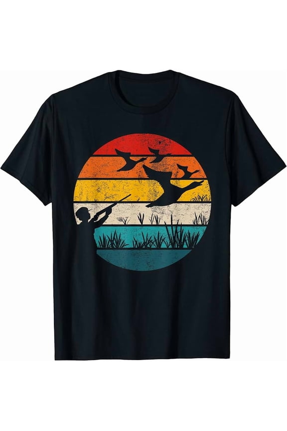 Retro Duck Hunting T-Shirt Vintage Sunset Waterfowl Hunter Graphic Tee for Men