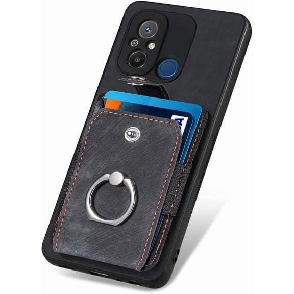 Retro Durable Leather Phone Case for Redmi Note 12 11 9 Pro Max 4G 5G Adjustable Finger Ring Holder Card Slots Lens Protector Back Cover(Black,Note 12 5G)
