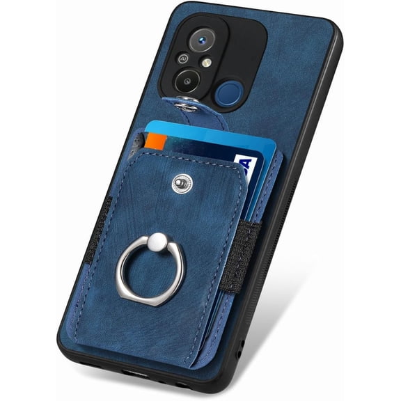 Retro Durable Leather Phone Case for Redmi Note 12 11 9 Pro Max 4G 5G Adjustable Finger Ring Holder Card Slots Lens Protector Back Cover(Blue,Note 11 4G)