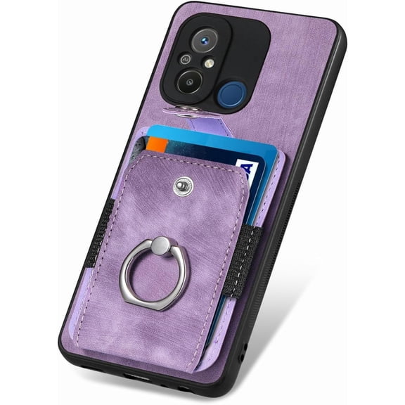 Retro Durable Leather Phone Case for Redmi Note 12 11 9 Pro Max 4G 5G Adjustable Finger Ring Holder Card Slots Lens Protector Back Cover(Purple,Note 11 4G)