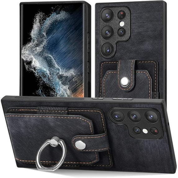 Retro Durable Leather Phone Case for Samsung Galaxy A12 A22 A32 A42 4G 5G Adjustable Finger Ring Holder Card Slots Lens Protector Back Cover(Black,A12)