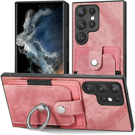 Retro Durable Leather Phone Case for Samsung Galaxy A20 A30 A50 A52 S 4G 5G Adjustable Finger Ring Holder Card Slots Lens Protector Back Cover(Pink,A52S)