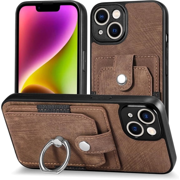 Retro Durable Leather Phone Case for iPhone X XS XR Max 7 8 6 S Plus Adjustable Finger Ring Holder Card Slots Lens Protector Back Cover(Brown,7/8 Plus)