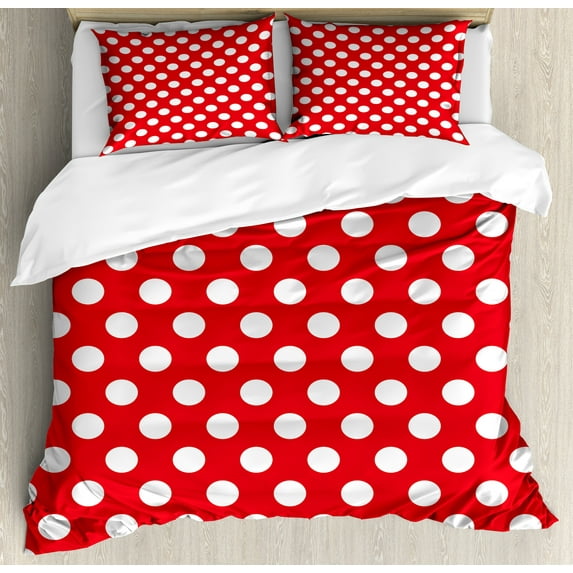 Retro Duvet Cover Set, 50s 60s Iconic Pop Art Style Big White Polka Dots Picnic Vintage Old Theme Image, Decorative 3 Piece Bedding Set with 2 Pillow Shams, King Size, Vermilion White, by Ambesonne