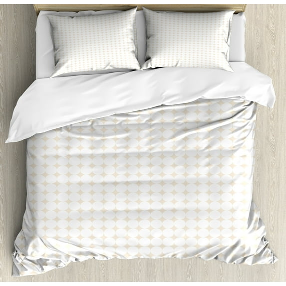 Retro Duvet Cover Set, 70's Look Simplistic Motifs Illustration with Repetitive Pastel Shapes Symmetry, Decorative 3 Piece Bedding Set with 2 Pillow Shams, Calking Size, Champagne White, by Ambesonne