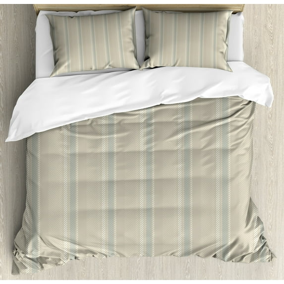 Retro Duvet Cover Set, Abstract Concept Geometric Stripes Pattern in Vertical Design on Dusty Background, Decorative 3 Piece Bedding Set with 2 Pillow Shams, Calking Size, Grey Yellow, by Ambesonne