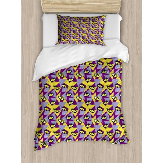 Retro Duvet Cover Set, Abstract Indie Eye Patterns Geometric Polygons Memphis Art Style Grunge Forms, Decorative 2 Piece Bedding Set with 1 Pillow Shams, Twin Size, Yellow and Purple, by Ambesonne