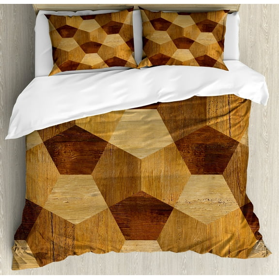 Retro Duvet Cover Set, Abstract Parquet Flooring Wooden Rustic with Geometric Monochrome Pattern, Decorative 3 Piece Bedding Set with 2 Pillow Shams, King Size, Brown Pale Brown, by Ambesonne