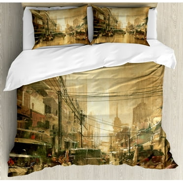 Retro Duvet Cover Set, Acyrlic Style Vintage Old City Street View Historic Landscape Theme Sepia Scenery, Decorative 3 Piece Bedding Set with 2 Pillow Shams, Calking Size, Sand Brown, by Ambesonne