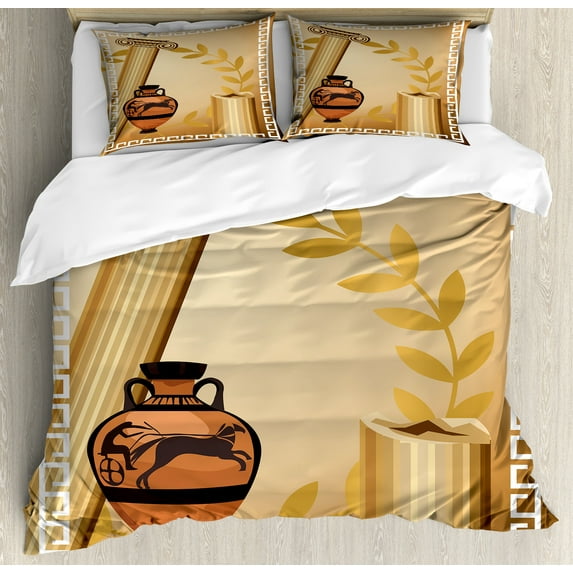 Retro Duvet Cover Set, Antique Greek Columns Vase Olive Branch Hellenic Heritage, Decorative 3 Piece Bedding Set with 2 Pillow Shams, King Size, Pale Brown Cinnamon, by Ambesonne