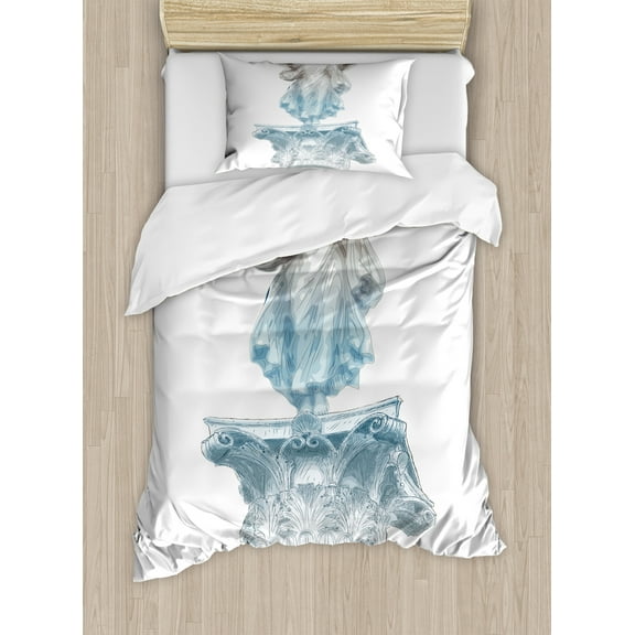 Retro Duvet Cover Set, Antique Muse Athens Hellenistic Period Mythological Monument Art, Decorative 2 Piece Bedding Set with 1 Pillow Shams, Twin Size, Pale Blue Umber, by Ambesonne