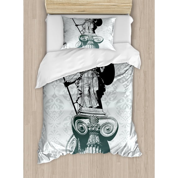 Retro Duvet Cover Set, Athena on Baroque Background Greek Woman on Classic Damask Pattern, Decorative 2 Piece Bedding Set with 1 Pillow Shams, Twin Size, Pale Turquoise Black, by Ambesonne
