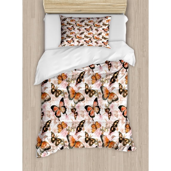Retro Duvet Cover Set, Butterfly on Hand Written Vintage Love Letters Watercolor Art, Decorative 2 Piece Bedding Set with 1 Pillow Shams, Twin Size, Vermilion Peach Black, by Ambesonne