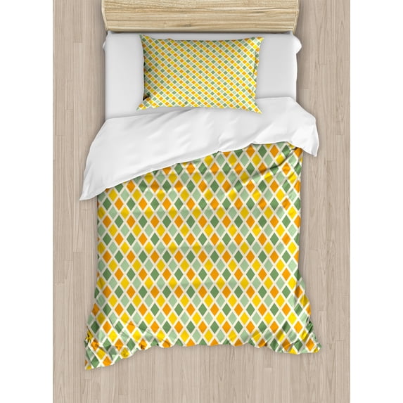 Retro Duvet Cover Set, Classical Checkered Pattern in Yellow and Green Colors Striped Crossed, Decorative 2 Piece Bedding Set with 1 Pillow Shams, Twin Size, Marigold Green Cream, by Ambesonne