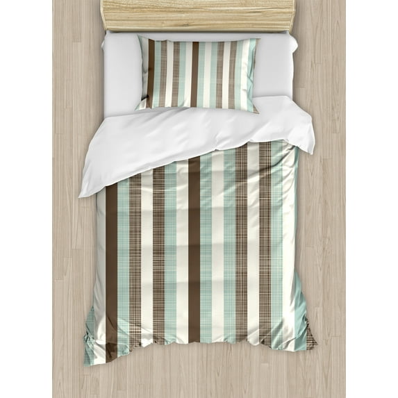 Retro Duvet Cover Set, Classical Vertical Stripes Pattern Texture Image Old Fashioned Display, Decorative 2 Piece Bedding Set with 1 Pillow Shams, Twin Size, Almond Green Brown Cream, by Ambesonne